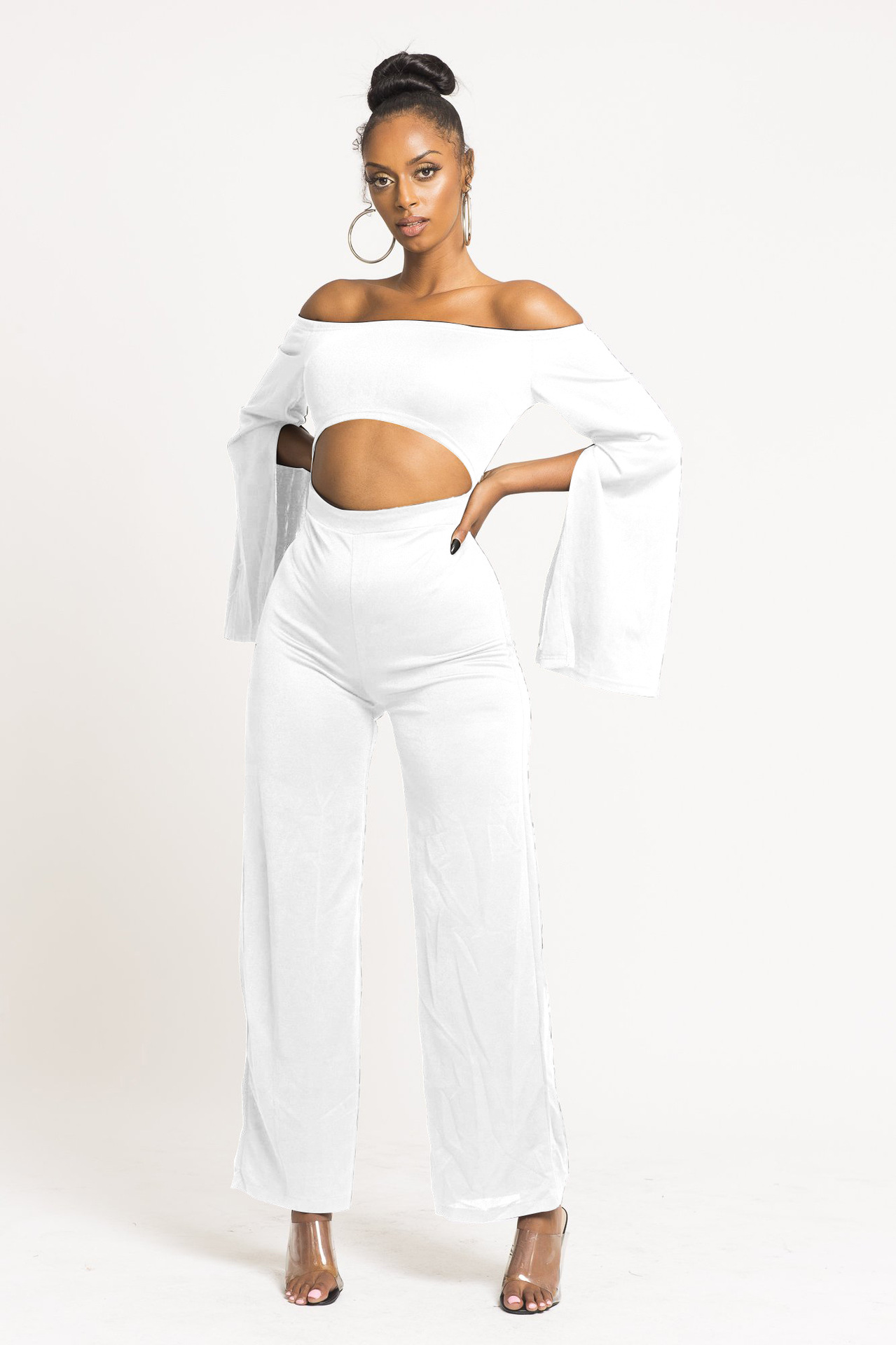 Boutique Casual Solid Color Long Sleeves Cropped off Shoulder Jumpsuit