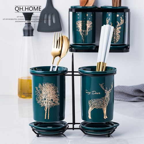 Emerald light luxury ceramic chopstick tube chopstick basket drain chopstick box home wall-mounted chopstick cage kitchen storage bucket