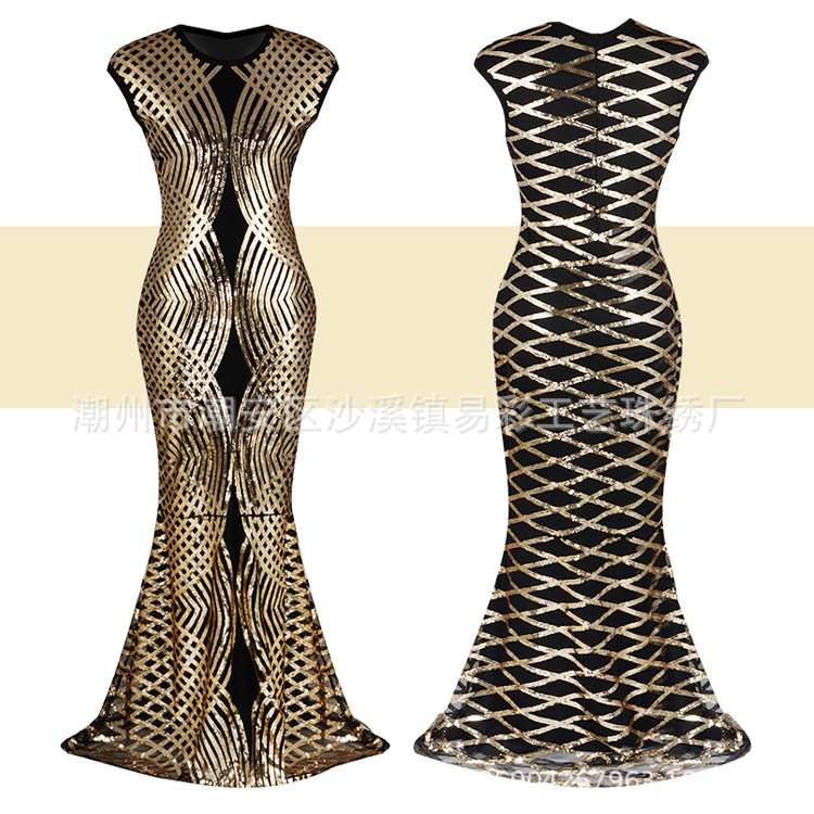 2022 Amazon primavera y verano vestido bordado con cuentas de mujer Banquete de mujer 1920 cola de pez largo vestido nuevo europeo y americano