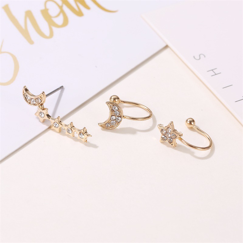 Boucles D&#39;oreilles En Alliage Tendance 3 Pièces Pour Femmes Avec Étoiles De Diamants Et Lune display picture 3