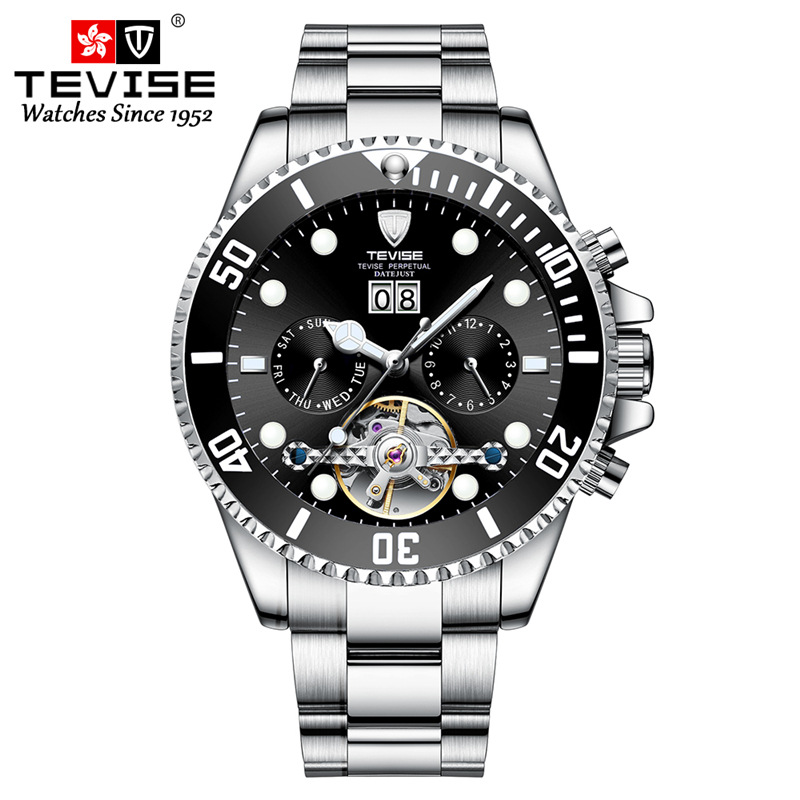 TEVISE reloj mecánico automático para hombre multifunción hueco luminoso impermeable transparente inferior reloj mecánico T823F