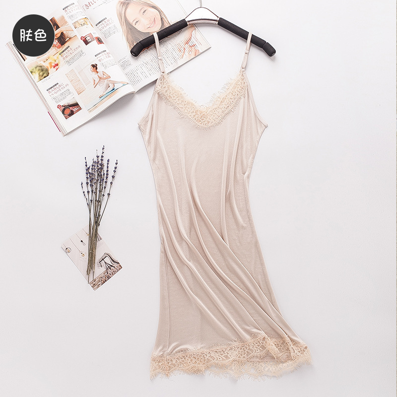 Knitted Silk Slip Skirt Silk Sexy V-Neck Lace Mid-Length Base Skirt All-Match Inner Skirt