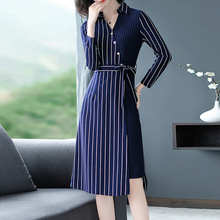 加工定做新款高档拼接不对称衬衫连衣裙韩版时尚条纹系腰纯棉长裙