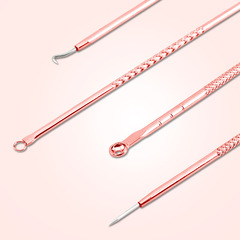Set of 4 Rose Gold Blackhead and Acne Extraction Tools, including blackhead remover, pimple picker, and beauty needle with exfoliating tweezers