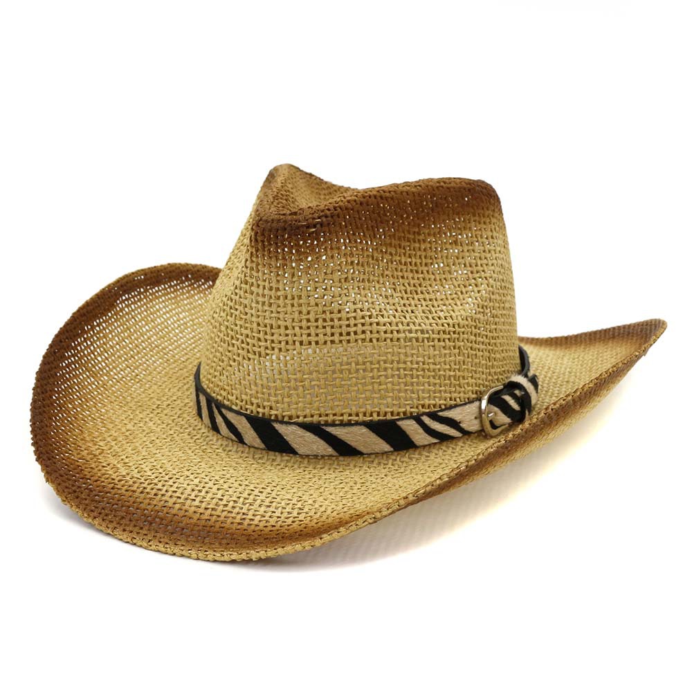 Trendy Summer Brown Spray Painted Paper Straw Cowboy Hats Men Women Wide Brim Beach Sun