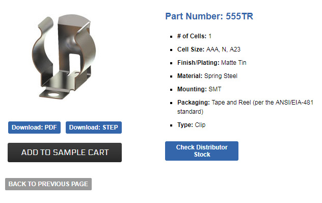 Keystone electronics 555TR AAA N 电池夹SMT正负极载带电池片