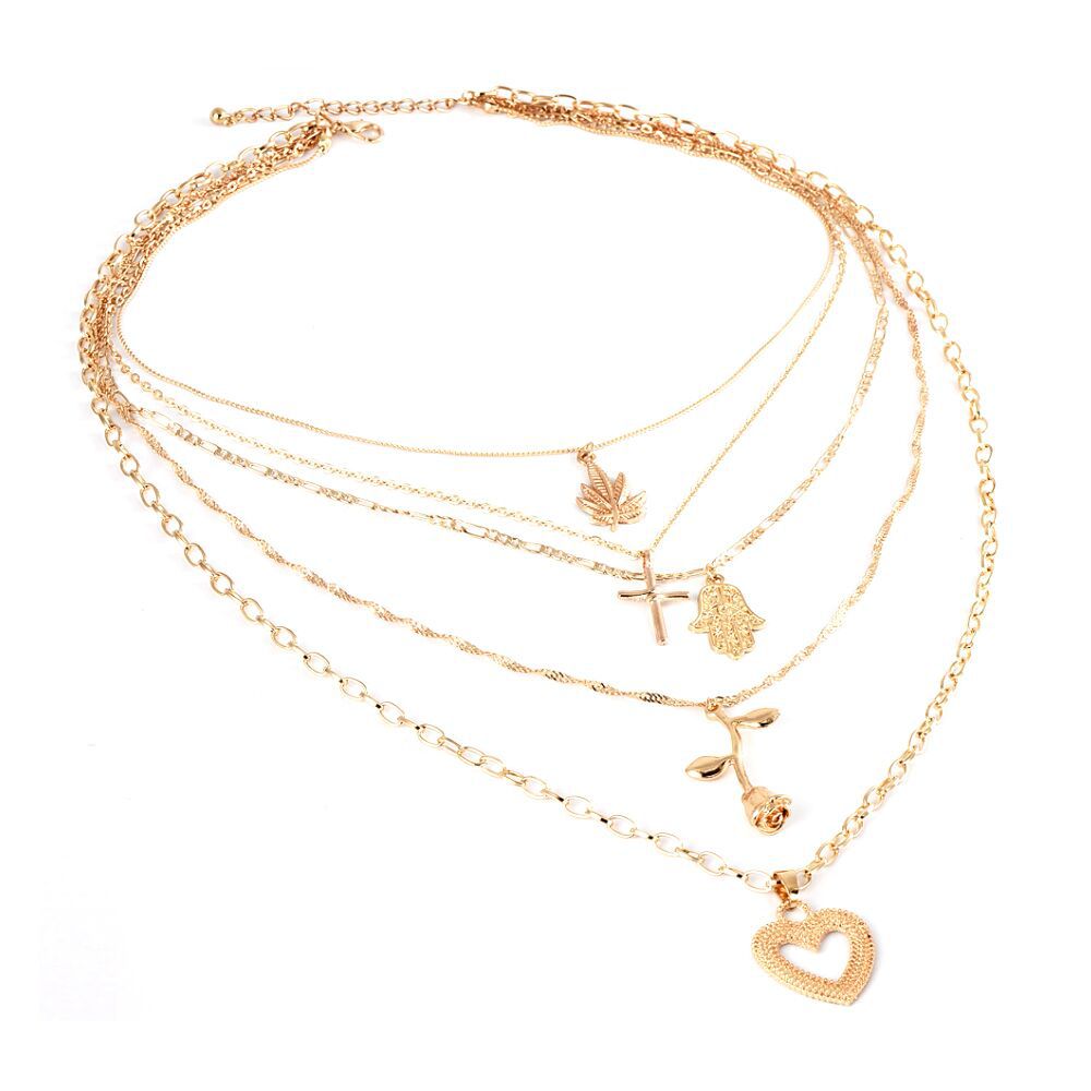 Creative Cross Maple Leaf Palm Pendant Necklace Rose Heart Shaped Multilayer Necklace_voghion.com