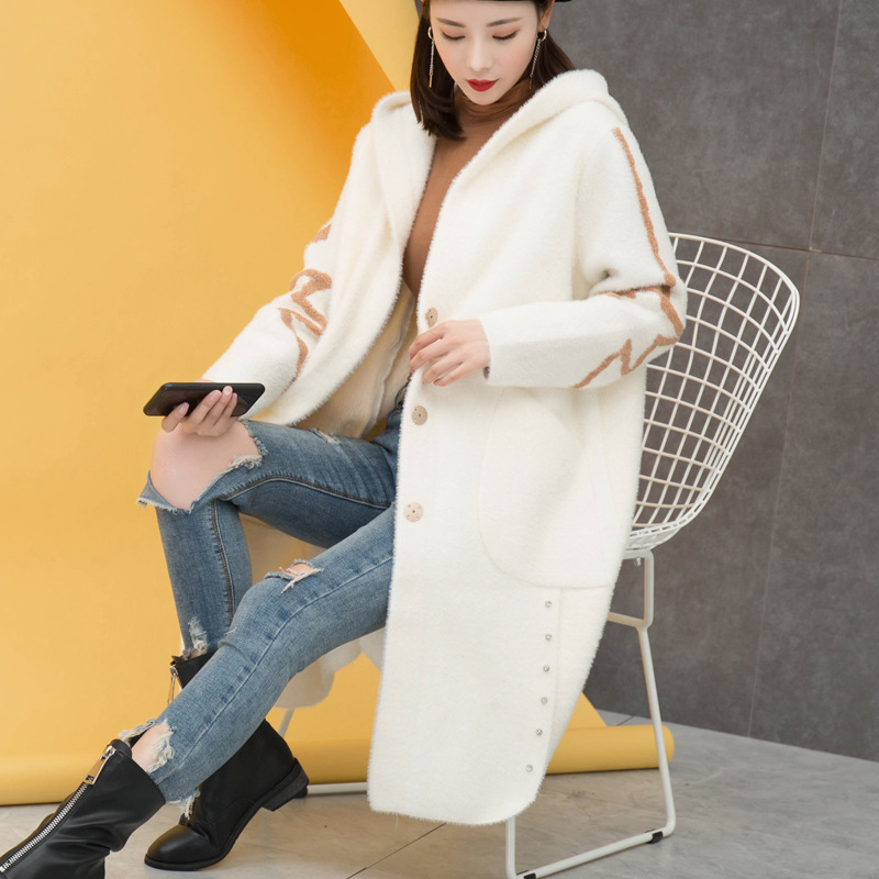 原创水貂绒外套女中长款2019新款女装加厚白色冬宽松毛衣连帽大衣