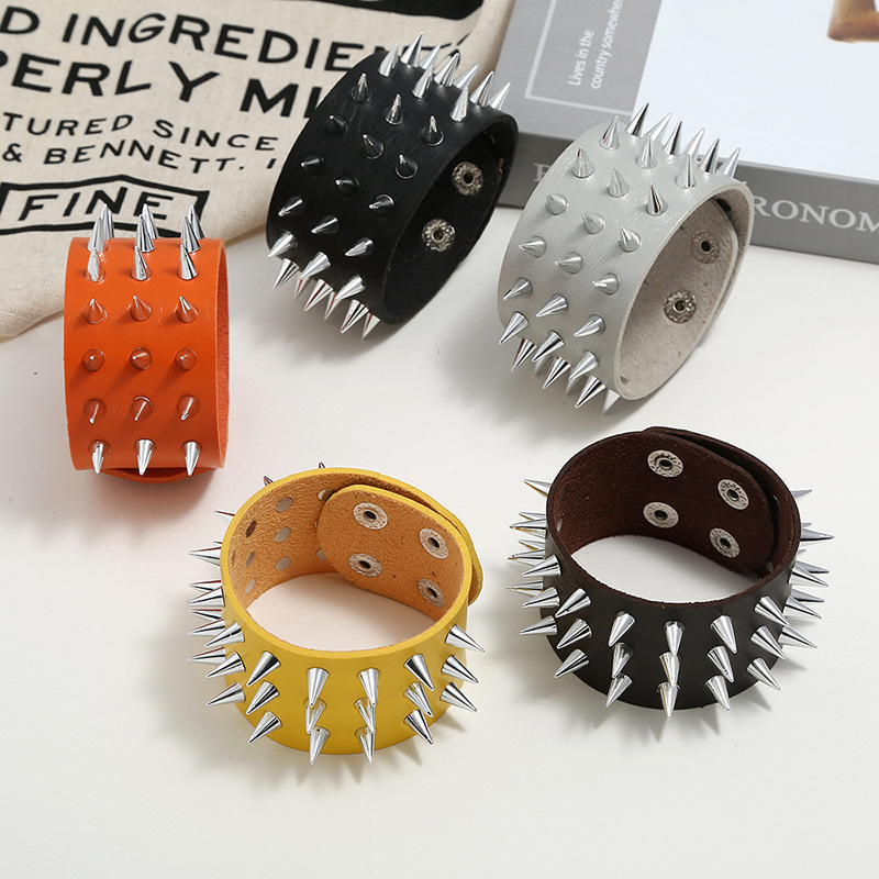 Menu0027s Leather Bracelet European and American Punk Non-mainstream Three-row Spike Rivet Bracelet 