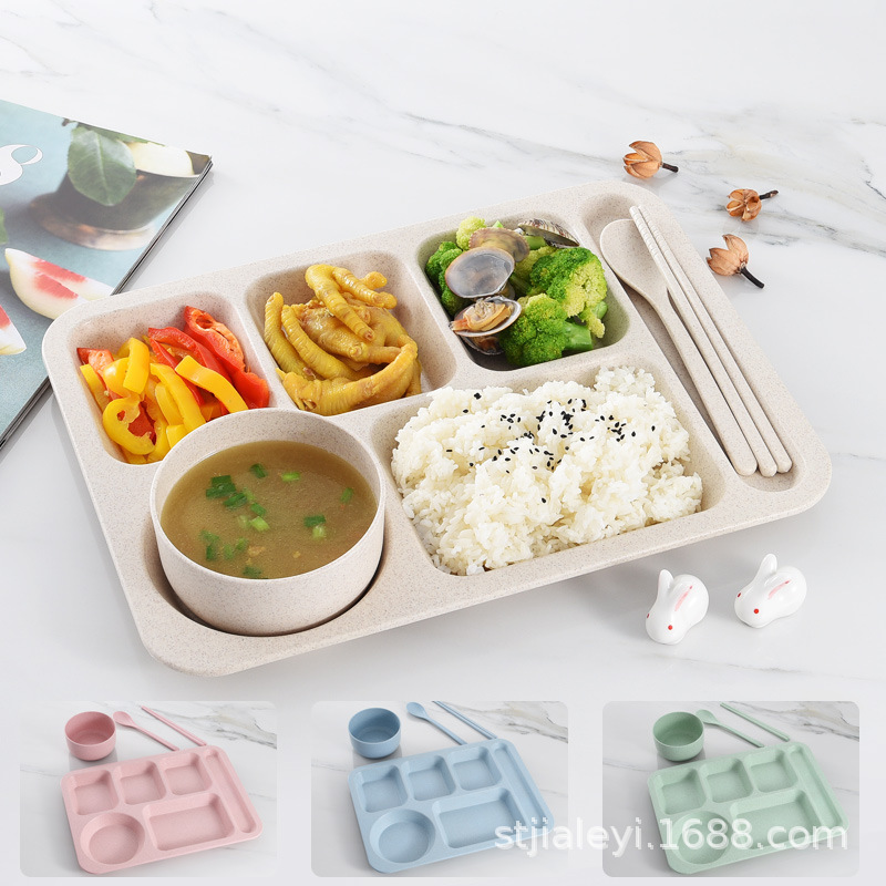 Children's Wheat Straw Fast Food Plate Four-piece Set Divider Plate Kindergarten Set Lunch Plate Bowl Chopsticks Set Wholesale