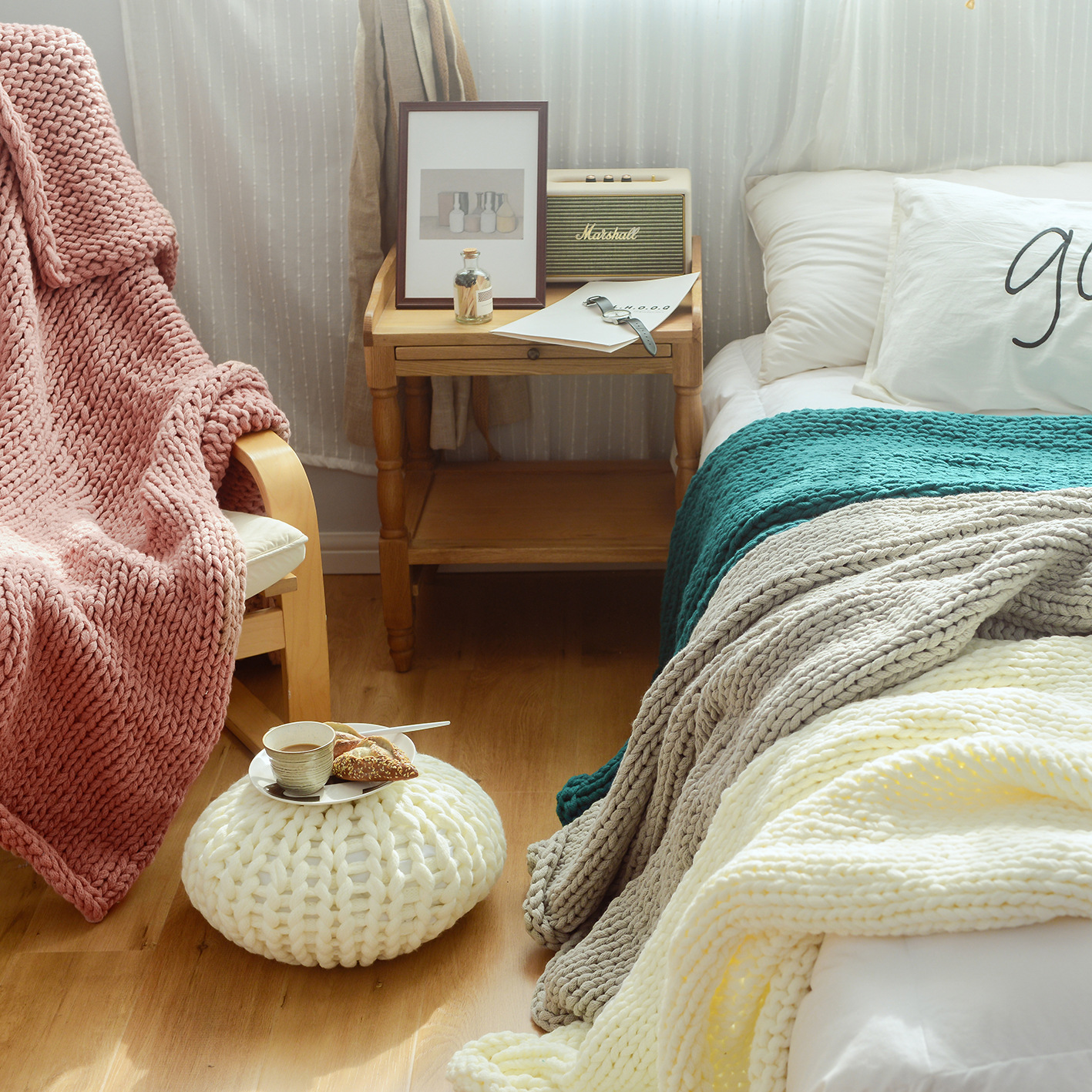 臻坊ins爆款粗线毯子手工编织针织毛线沙发巾盖毯摄影