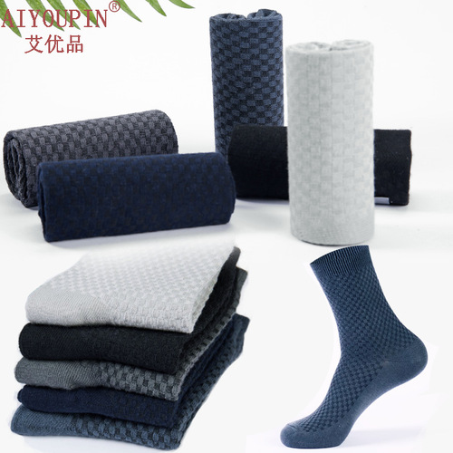 Autumn and winter new bamboo fiber cotton socks mid-calf men's socks double needle dark flower small square enlarged business foreign trade socks wholesale