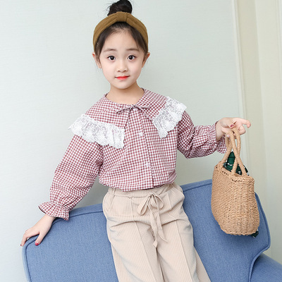 2019春季童装韩版新款一件代发 女童格子衬衫儿童花边领长袖衬衣|ms