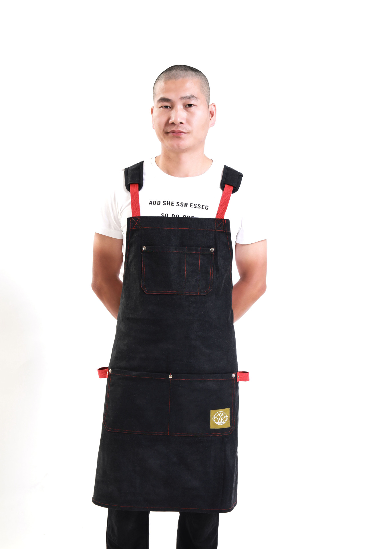 黑色耐用男士餐廳圍裙 烹飪圍裙  燒烤圍裙 3口袋