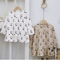 7028連衣裙兒童女櫻桃印花圓領時髦小女孩荷葉邊網紅女童裝連衣裙