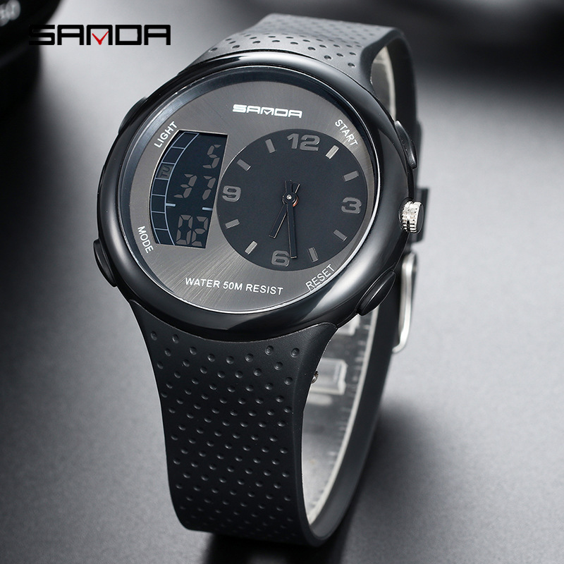 SANDA 763 impermeable multifuncional al aire libre reloj deportivo para jóvenes reloj electrónico de cuarzo de doble movimiento para hombres