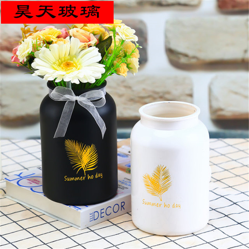 廠家供應黑白圓柱形梅森玻璃花瓶燙金樹葉花紋水培富貴竹綠蘿花瓶