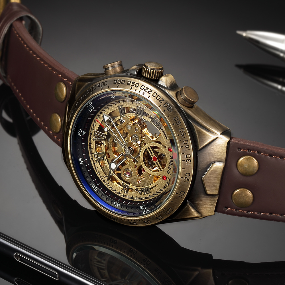 72g Weight Tempered Glass Mirror Material Genuine Leather, Steel Belt Strap Material Watch Classification Pointer Display Type Butterfly Double Snap, Buckle Buckle Style Round Dial Shape Casual, Daily Occasion Mechanical Movement Color Block Pattern All Seasons Season Men's Gender Retro Style Retro Color Block Butterfly Double Snap Buckle Mechanical Watch Men's Watches 9