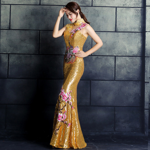 Evening Dresses cocktail party banquet dress vestido de banquete de cóctel People&apos;s Association evening dress female performance banquet president fish tail sequined cheongsam skirt