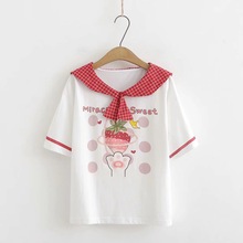2021年夏裝 日系小清新甜美萌妹卡通娃娃領草莓貓爪印花短袖T恤女