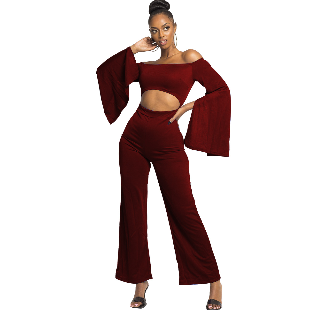 Boutique Casual Solid Color Long Sleeves Cropped off Shoulder Jumpsuit