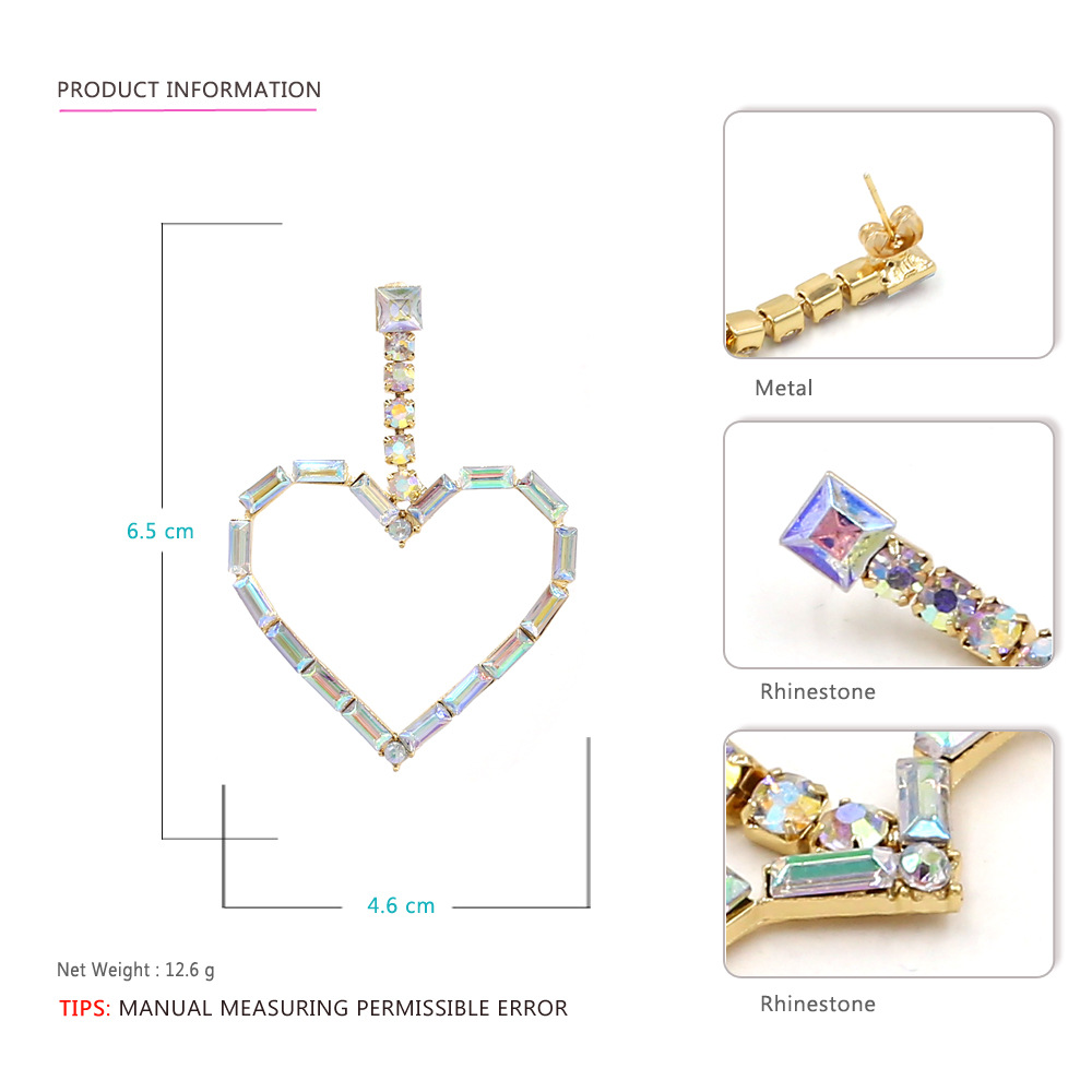 15g Weight 1 Pair Glam Shiny Heart Shape Plating Inlay Metal Rhinestones Drop Earrings
