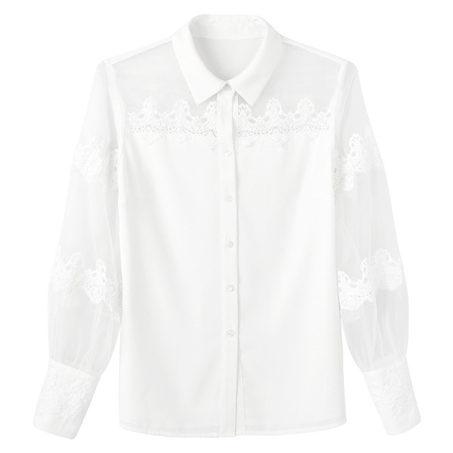 Autumn Hollow Blouse Lantern Sleeve Embroidered Ogen Yarn Shirt 