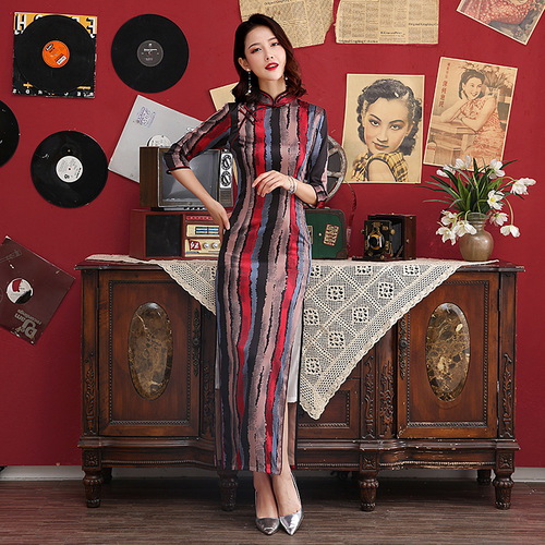 Chinese Dresses Qipao for women robe chinoise cheongsam Season long cheongsam with button stand collar large retro double layer dress