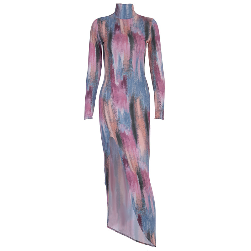 Long Sleeve Tie Dye High Neck Bodycon Dress NSHTL67342