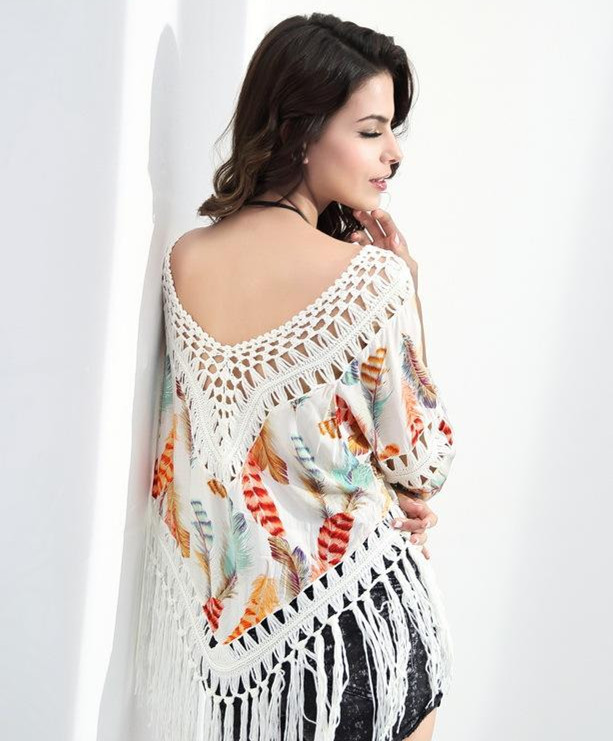 速賣通亞馬遜度假風(fēng)手鉤鏤空印花拼布流蘇比基尼罩衫批發(fā)