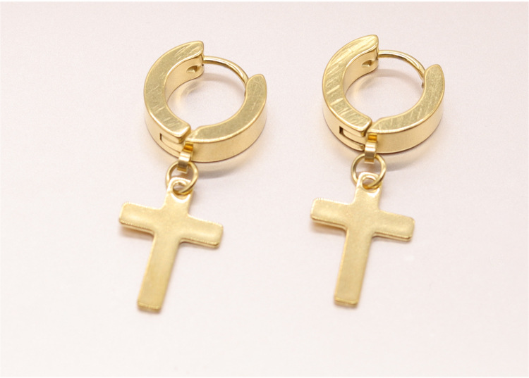 嘻哈风圆形男士耳钉耳坠 防掉色不锈钢十字架耳环