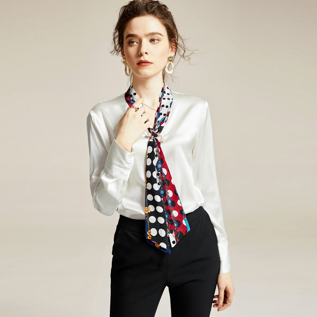Early spring women’s fashion bow collar long sleeve shirt silk satin foreign style top women