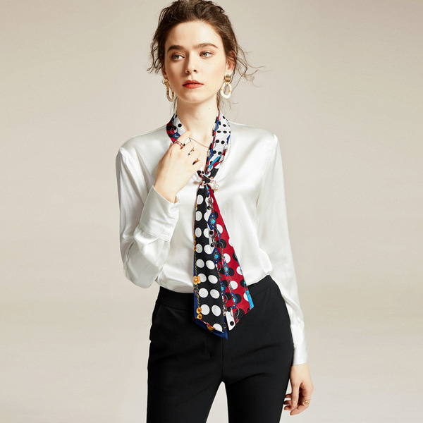 Early spring women’s fashion bow collar long sleeve shirt silk satin foreign style top women