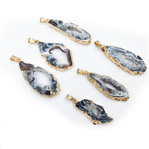 Natural Brazilian Agate Raw Stone Pendant Crystal Cave Slice Pendant Hollow Agate Crystal Tooth Necklace Gold Plated with Edge Gold Plating