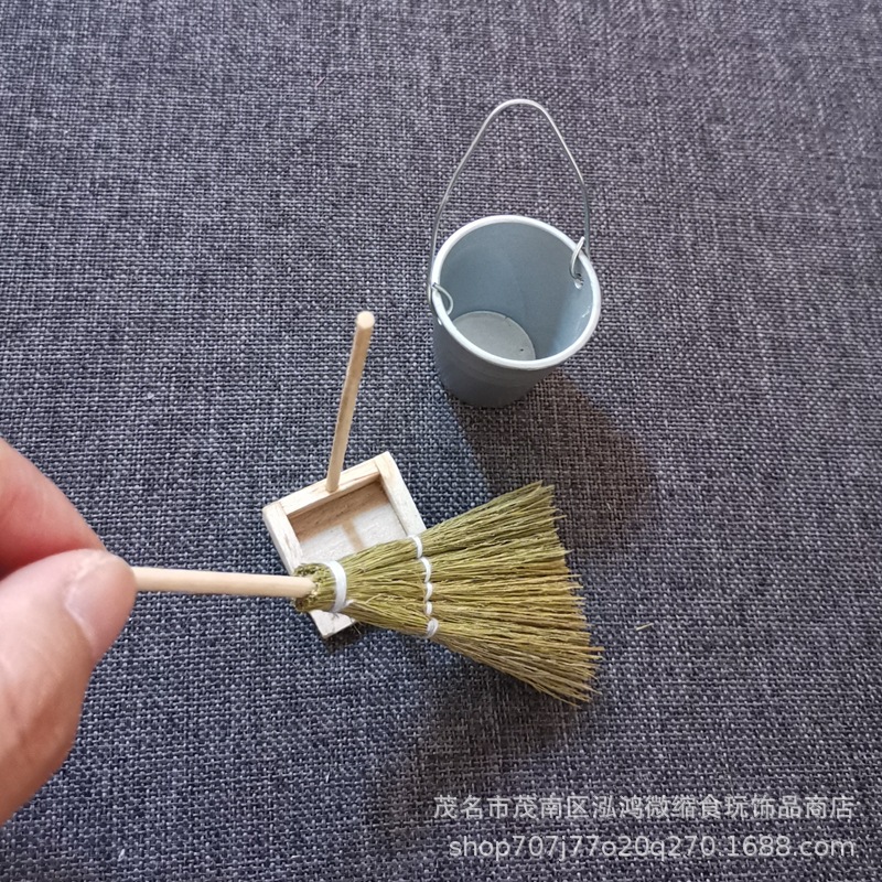 Casa de muñecas accesorios DIY escena modelo miniatura juguete pequeños adornos mini tejida a mano escoba cubo de basura pala
