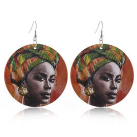 欧美非洲复古木质圆形耳环非洲女人图形彩绘油画风夸张耳环饰品