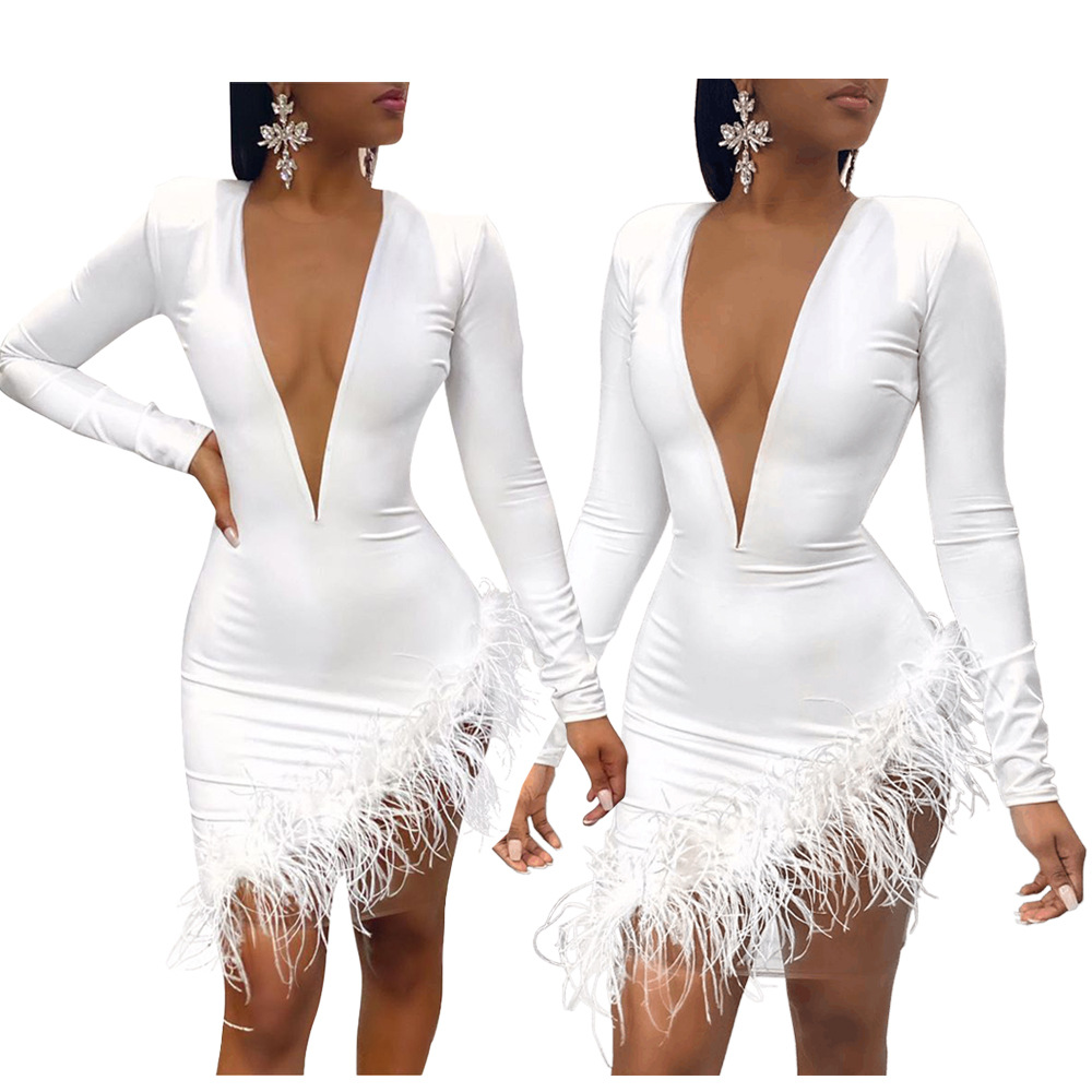 Women's Clothing YT3198 One Piece Women's Feather Mesh Splicing Dress_voghion.com