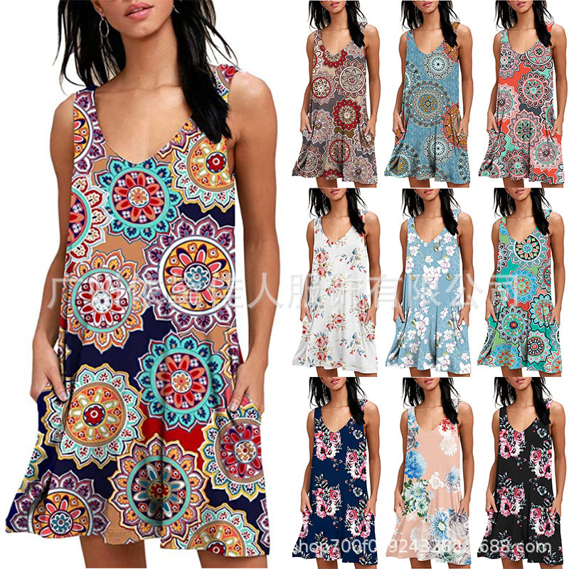 亚马逊爆款 2019春季新款V领印花无袖口袋连衣裙 跨境现货|ms