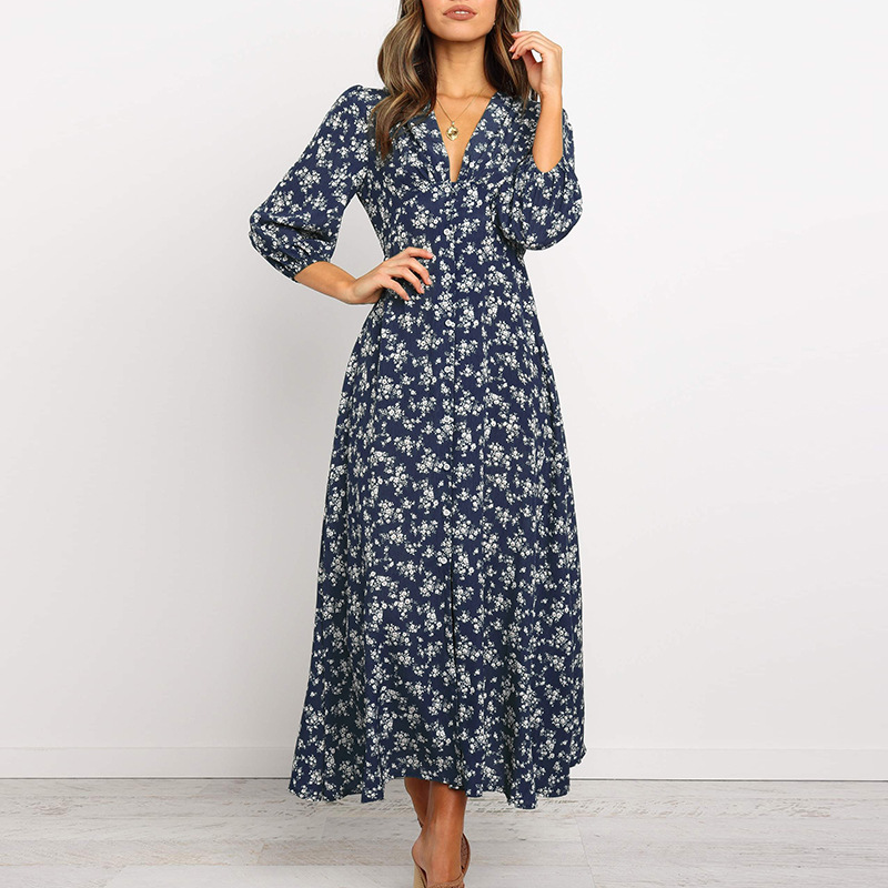 Printed V-neck Long Sleeve High Waist Chiffon Dress NSGE35052