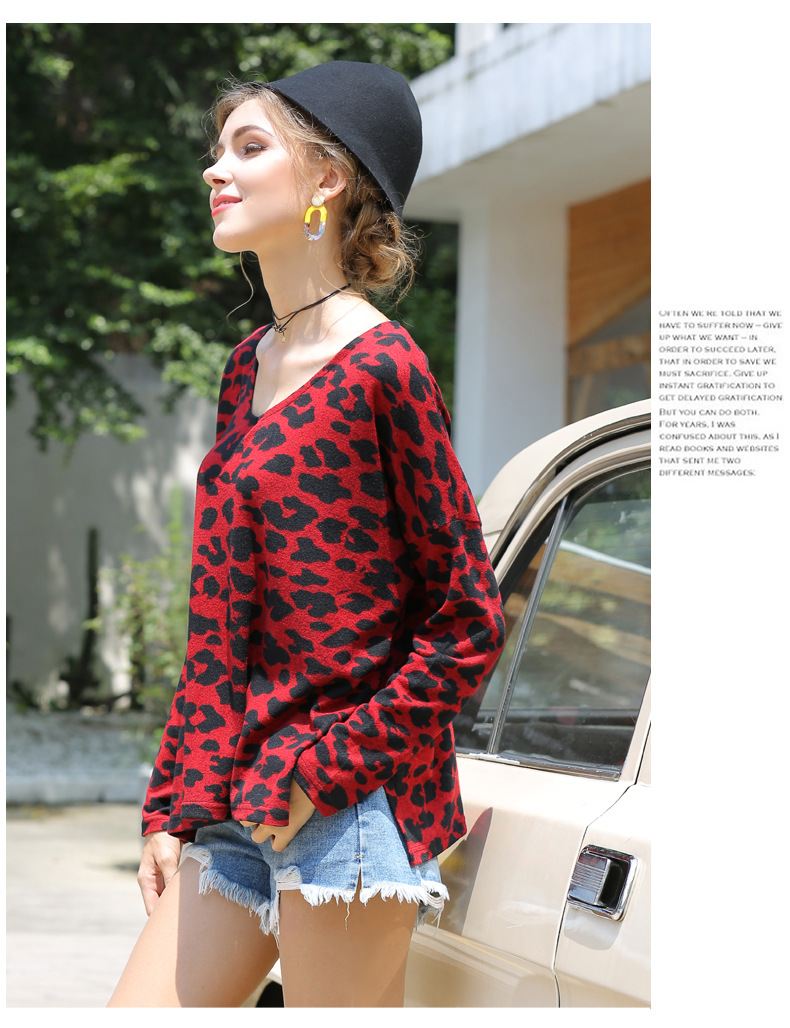 leopard print pullover sweater new loose V-neck long-sleeved T-shirt women s top NSYH7192