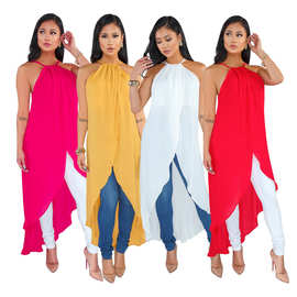 SMR9257亚马逊时尚 欧美性感跨境宽松珍珠雪纺挂脖吊带性感连衣裙