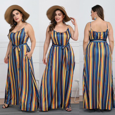 9079 Amazon Large Women's wear Low-cut sexy stripe Sleeveless camisole Maxi dress Waist Show thin longuette