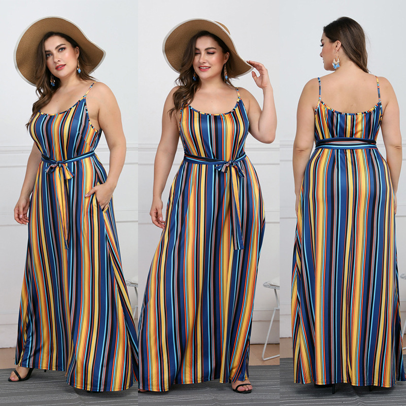 9079 Amazon Large Women's wear Low-cut sexy stripe Sleeveless camisole Maxi dress Waist Show thin longuette