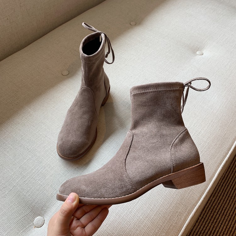 秋冬瘦瘦靴弹力套脚粗跟圆头百搭短筒女短靴单靴裸靴来图定制厂家|ms