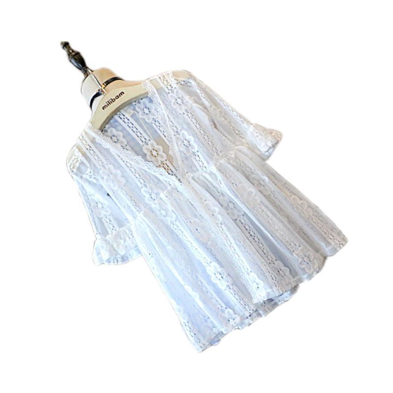 여름 소녀 레이스 트럼펫 슬리브 ??자외선 차단 의류  에어컨 가디건 어린이 중간 길이 목도리 얇은 코트 유행