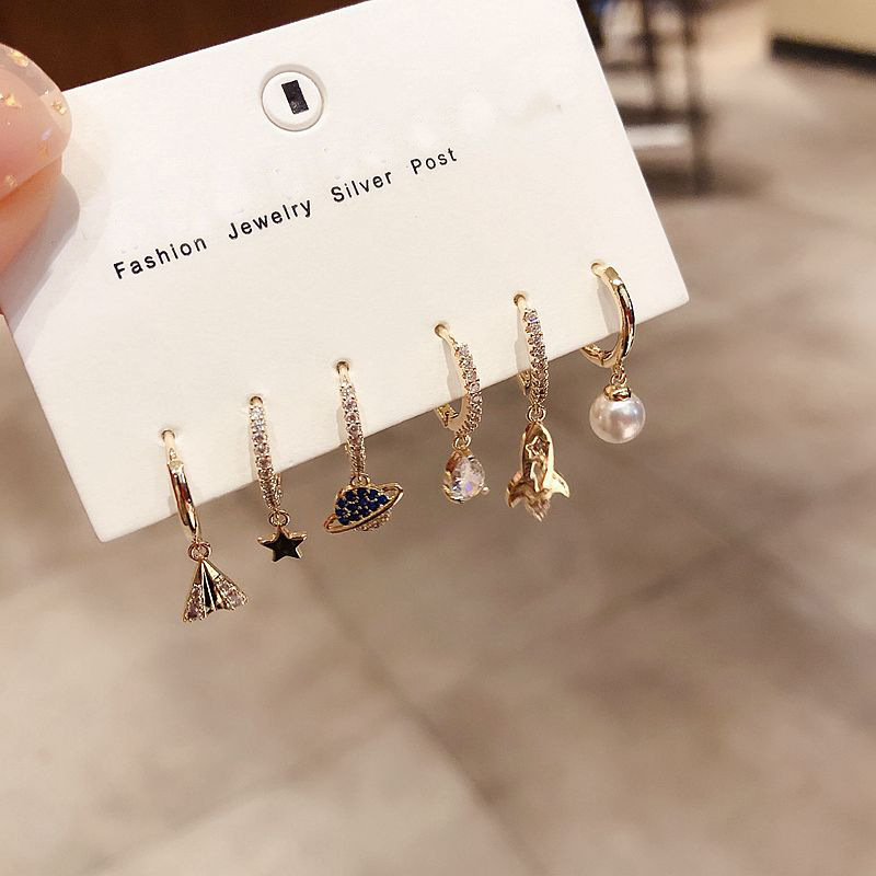 Korean Zircon Micro-inlaid Airplane Universe Planet Earring Set Wholesale Nihaojewelry display picture 6