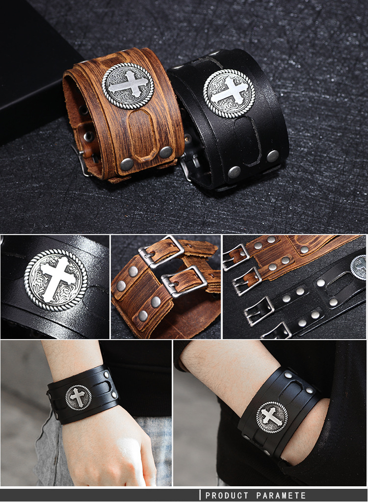European And American Punk Cross Wide Leather Bracelet Wholesale display picture 8