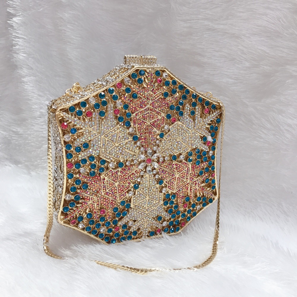 Túi clutch nữ đính pha lê kim cương bông tuyết, thiết kế hợp kim rỗng, làm bằng tay — Màu tím, Màu xanh lam, Ảnh tùy chỉnh được Cá nhân hóa, Màu đỏ hoa hồng chi tiết 15