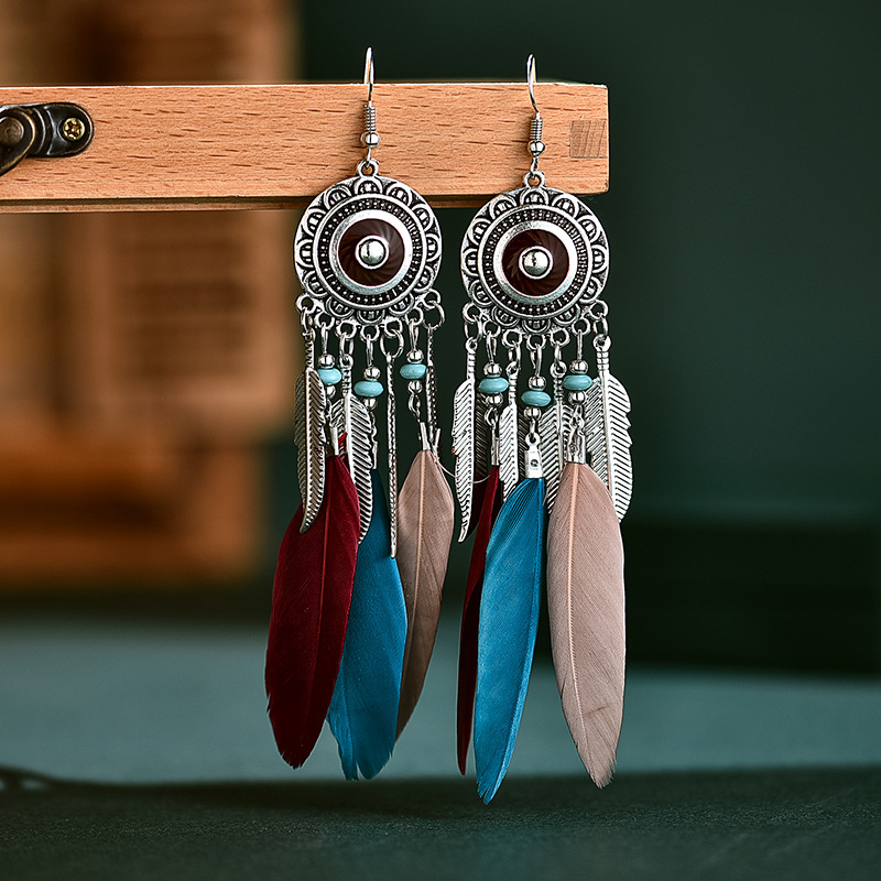 Boucles D&#39;oreilles À Pampilles En Alliage Rond Géométrique Vintage À Longues Plumes En Gros display picture 2