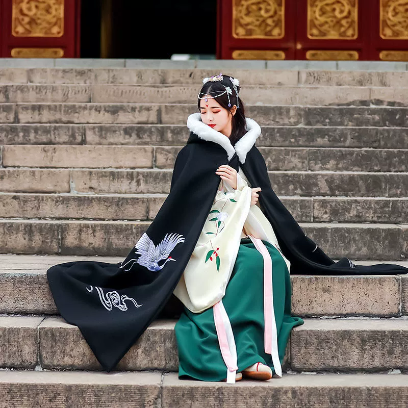 Осенний демисезон Hanfu, теплая куртка-плащ с капюшоном, увеличенная толщина, с вышивкой